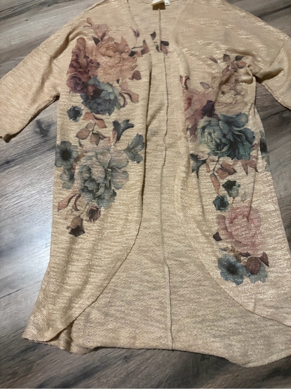 Floral Open-Front Beige Women's Cardigan Sweater - Gorgeous !  Size L